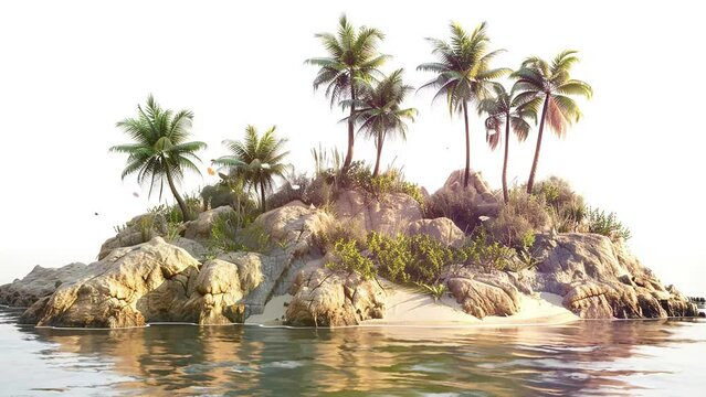 white background with highly detailed render of a desert island with palm trees. seamless looping overlay 4k virtual video animation background