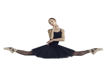 portrait of a ballerina in a black tutu sitting on a cross twine, isolated on transparent background, png