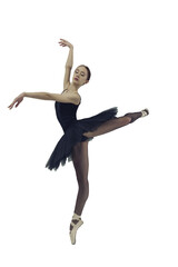 ballerina in a black tutu shows elements of ballet dance in motion, isolated on transparent...