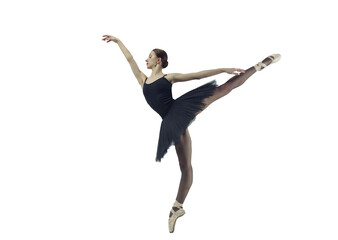 ballerina in a black tutu shows an arabesque in a photo studio, isolated on transparent background, png
