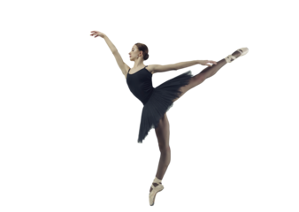 ballerina in a black tutu shows an arabesque in a photo studio, isolated on transparent background, png