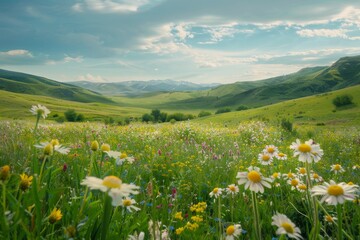 Field of Wildflowers and Daisies With Mountains in Background