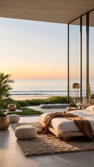 house by the ocean with a large window interior view of the sunset