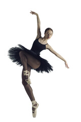 ballerina in a black tutu shows elements of ballet dance in motion, isolated on transparent background, png © Alex