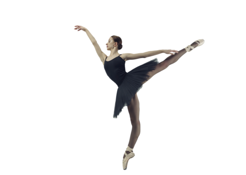 ballerina in a black tutu shows an arabesque in a photo studio, isolated on transparent background, png
