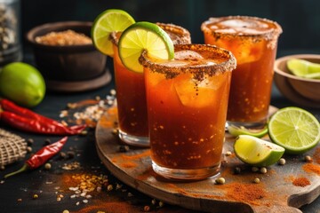 Mexican Michelada cocktail with spicy rim and lime.