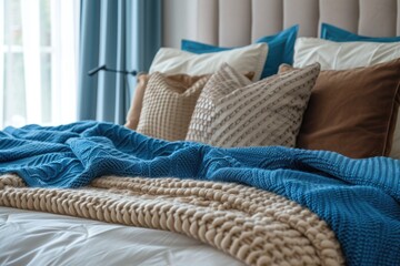Cozy bedroom interior with blue knitted blanket and decorative pillows on a bed