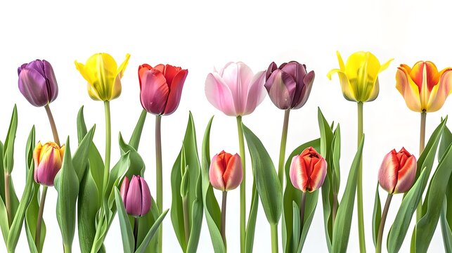 Colorful array of tulips lining up in a row on a white background. Vibrant floral display perfect for spring themes. Simple elegance captured in a photo. AI