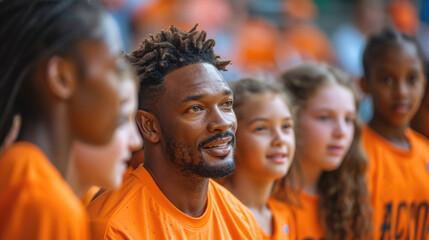 Fototapeta premium Coach with young basketball players in orange jerseys.