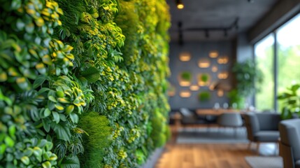 Fototapeta na wymiar Modern interior with green living wall and lounge area.