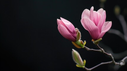 Pink magnolia flowers on dark background. Springtime and nature concept.