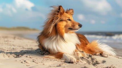 Shetland sheepdog lying on the beach sand.