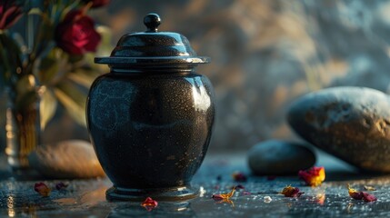 Black urn with golden detailing on stone table surrounded by green foliage. - obrazy, fototapety, plakaty