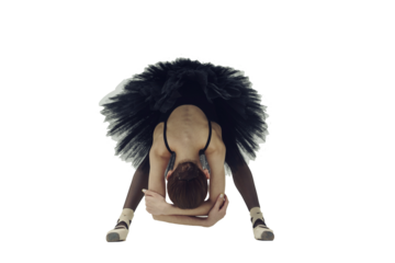 ballerina in a black tutu is leaning forward with her arms crossed behind her back, isolated on transparent background, png