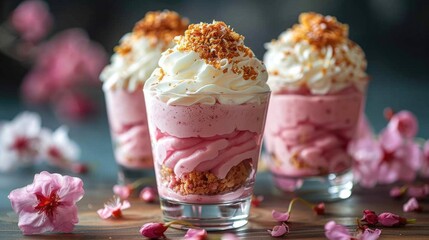 Layered strawberry and vanilla milkshakes with whipped cream and almond flakes in clear glasses - obrazy, fototapety, plakaty