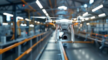 Drone flying in a warehouse with red navigation lights. A drone with bright red navigation lights expertly maneuvers through a warehouse space, indicating high-tech functionality - obrazy, fototapety, plakaty