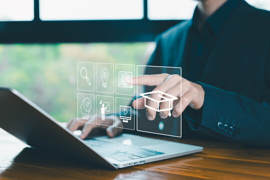 learning icon. training digital online, e-learning on a laptop. concept lesson learning e-book, library on the internet website, webinar technology, course education.