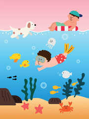 Fototapeta na wymiar boys and dog swimming at the beach vector illustration