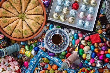 Turkish Coffee in the Colorful Ramadan Eid Candy and Chocolate, Traditional Ottoman Cuisine Desserts Photo, Üsküdar Istanbul, Turkiye (Turkey)