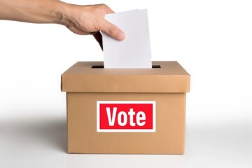 putting a ballot in a ballot box for a presidential election, White Background.