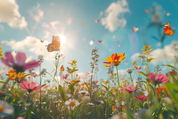 Field of Flowers With Butterflies Flying