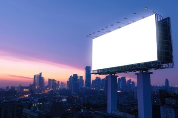 A large, pristine white billboard mounted on a sleek modern skyscraper. The first rays of dawn illuminate the city skyline behind it.