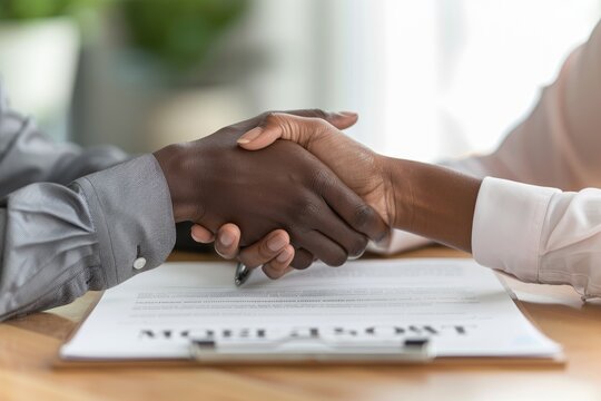 Two business partners, Asian and African American, sit a table signing a contract with a handshake.