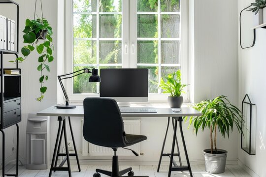 Minimalist home office with natural light and ergonomic furniture.