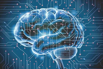 Fototapeta premium A human brain, rendered in a semi-transparent, connected to a complex circuit board.