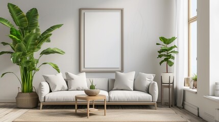 Cozy living room interior with soft white sofa and wooden coffee table near a green plant in a pot, blank picture frame on a white wall. Scandi-boho style