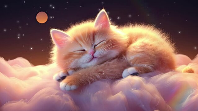 kitten sleeping in the clouds. Loop animation. Lullaby song background	