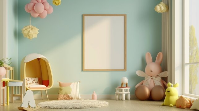 Stylish and cute child room decor with neutral-colored child's room, toys, dolls, and a blank frame on the blue pastel wall, Cozy blue playroom children
