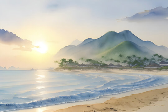 Watercolor paintings of beautiful beaches and islands.