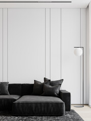 White contemporary minimalist interior with black sofa, pillows, lamp and wall panels. Closeup. 3d render illustration mockup.