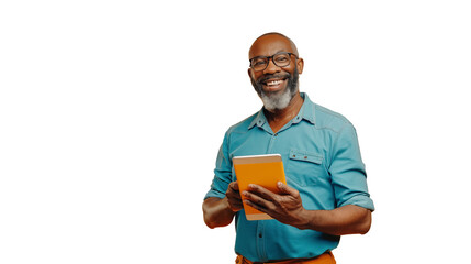 png picture of mature man looking at camera and holding a tablet, isolated on transparent background