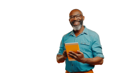 png picture of mature man looking at camera and holding a tablet, isolated on transparent background