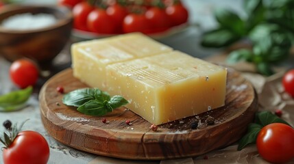 wooden round board holds a rectangular cheese piece alongside cherry tomatoes and basil