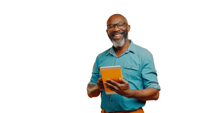 png picture of mature man looking at camera and holding a tablet, isolated on transparent background - Powered by Adobe