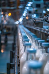 Inside the modern marvel of a milk factory where robotic factory lines revolutionize the processing and bottling of milk, showcasing technological precision and hygiene
