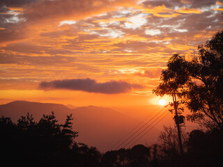 Beautiful misty mountain forest in sunset time