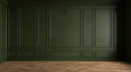 Classic modern green empty interior with blank walls with moldings, stucco and wood floor. 3d render illustration mockup.