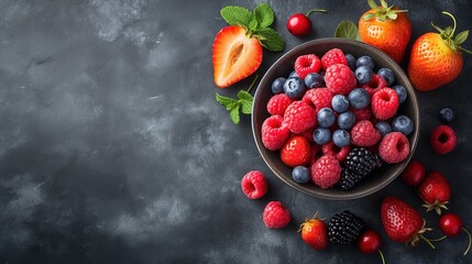  top view fresh mouth-watering fruit background, bowl of berries, raspberry, blueberry, strawberry,  stone table top, Generative Ai