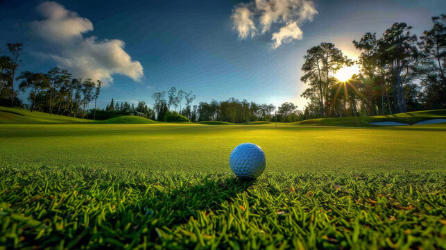 Golf ball on the grass on the golf course. Golf club