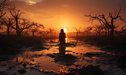 Person Standing in Puddle at Sunset