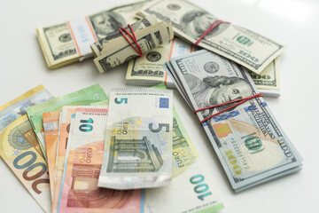 Obraz na płótnie Canvas banknotes, American dollar, European currency, euro, various money.