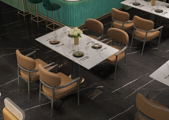 Top view of stylish restaurant interior with green bar, stone floor, comfortable chair standing near rectangular tables. 3d rendering