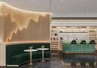 Interior of modern coffee shop with wooden walls, green bar counter with stools. 3d rendering