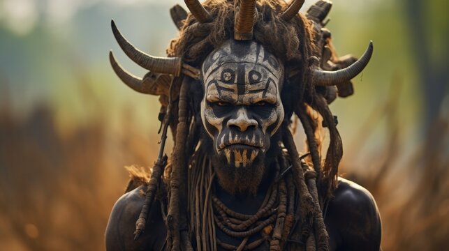 Close-up of Warrior, a man from the African Mursi tribe with traditional horns, Dreadlocks and a face painted with white patterns looks at the camera in Ethiopia.
