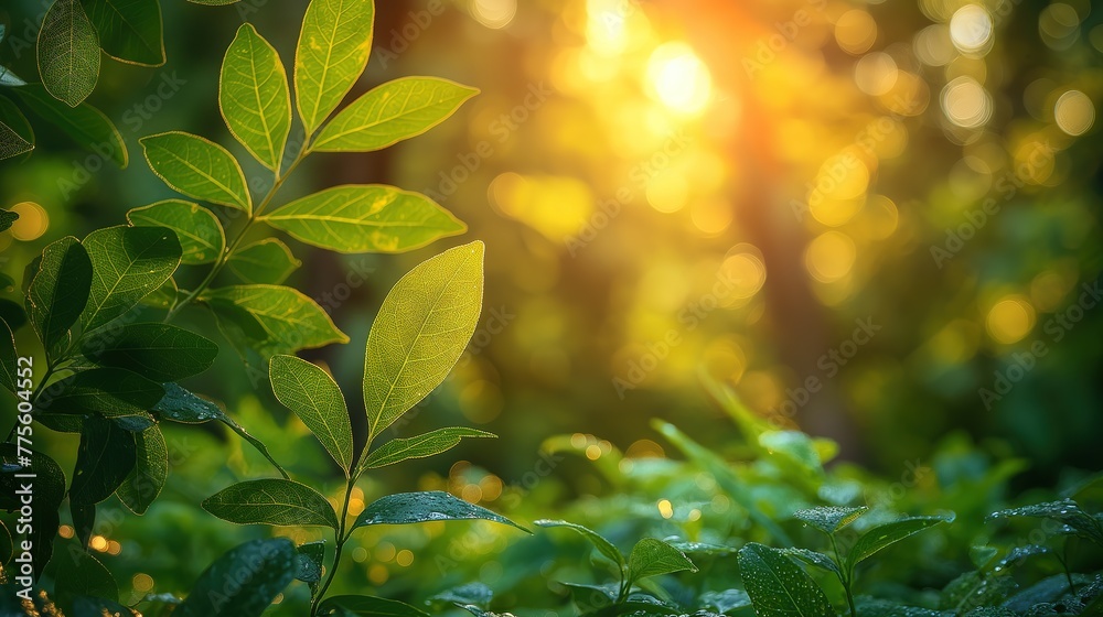 Wall mural beautiful green tea leaves with sunlight , generative ai