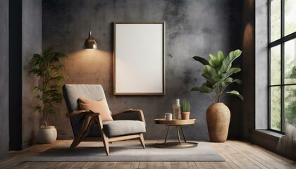 Contemporary Living: Poster Mockup with Vertical Frame in Dark Concrete Wall Living Room Interior"
